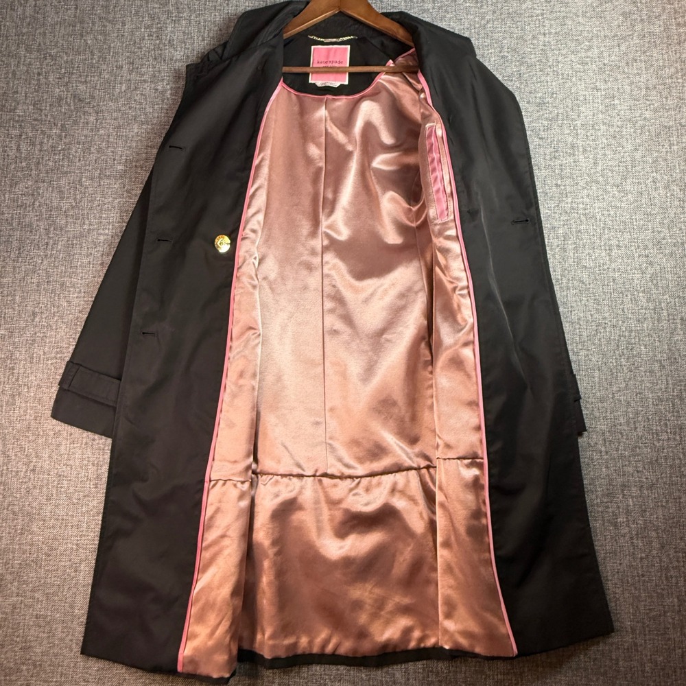 Women Kate Spade Trench Coat | Size S | Black Ruffle Hem Belted Jacket - Picture 4 of 13